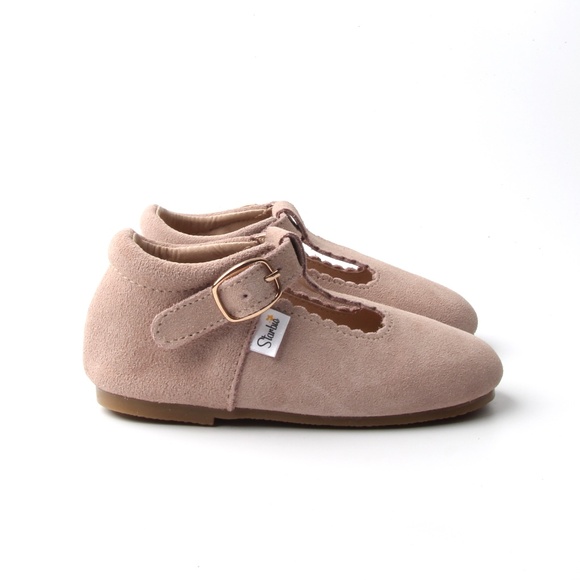 Starbie Hard-Sole Beige Suede Baby Mary Jane Shoes Tan Baby Tbar toddler shoes - Picture 2 of 6